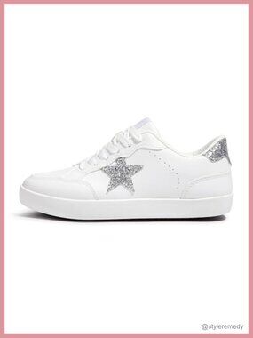 Women's Cushioned PU Leather Lace-Up Low Top Sneakers with Metallic Star Accents